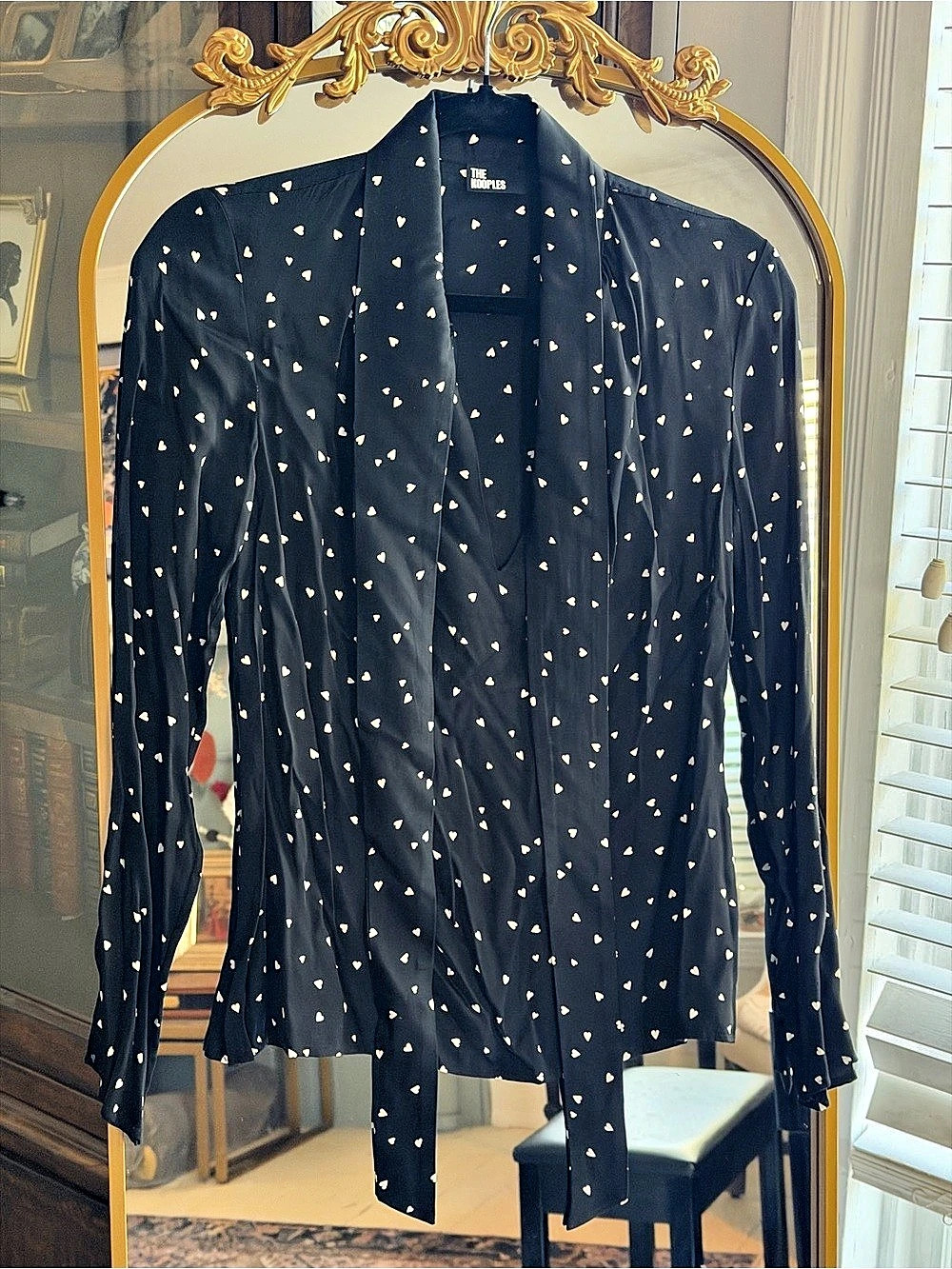 The Kooples Black Heart Print Tie-Neck Blouse.